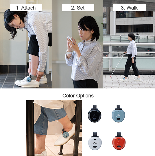 3-step setup: attach, set destination, walk — plus device color options