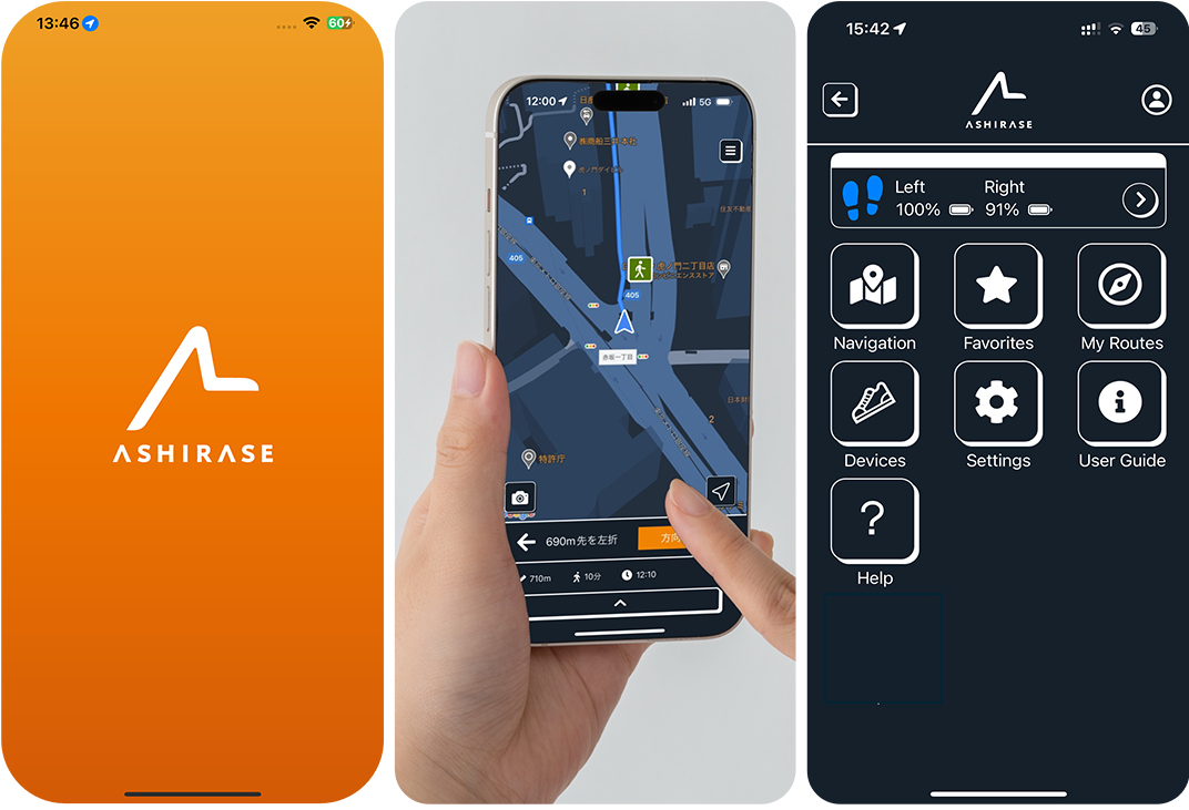 ASHIRASE app showing splash screen, navigation map, and home menu