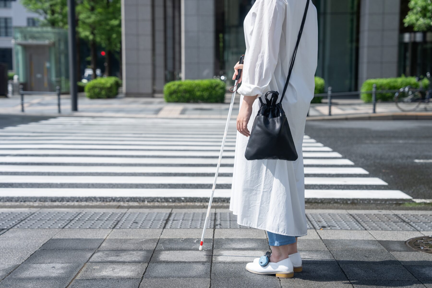 A visually impaired person standing at a crosswalk with a white cane, wearing shoes equipped with the ASHIRASE navigation device.